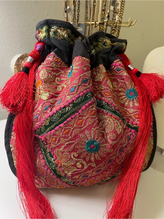 Handbags - Handmade Embroidered Tassel Boho Crossbody Bag Pink Gold Festival Artisan